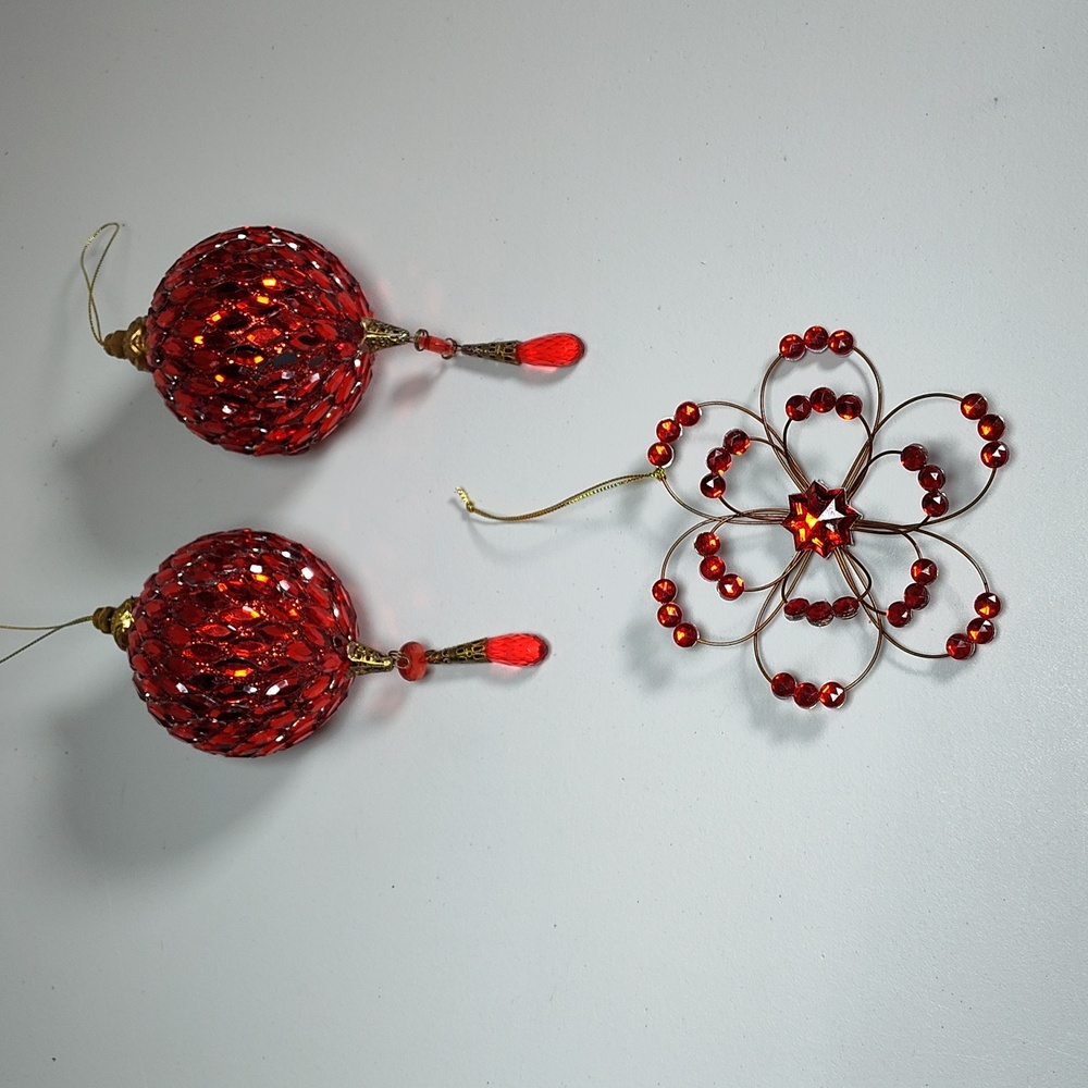 Set of 3 red jewel Christmas tree ornaments